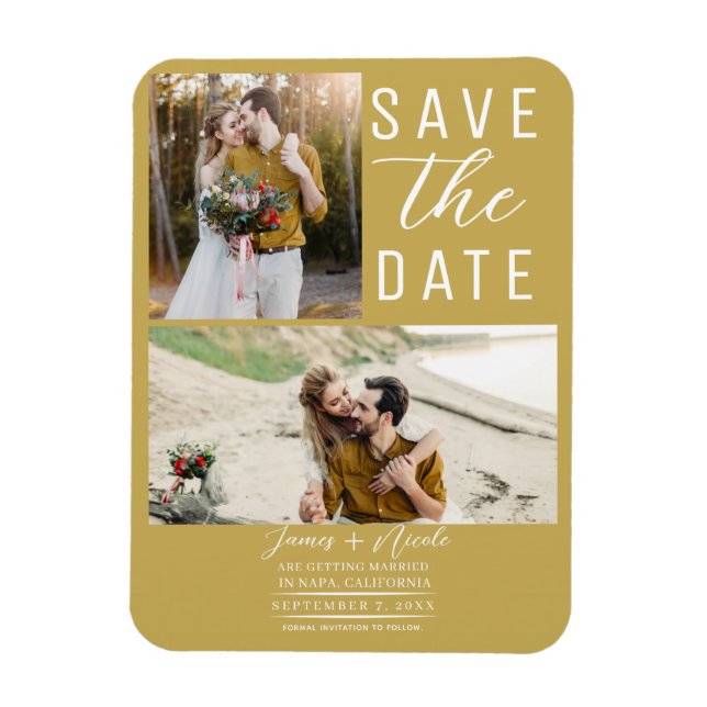 Gold 2 Photos Save the Date Wedding Magnet (Vertical)