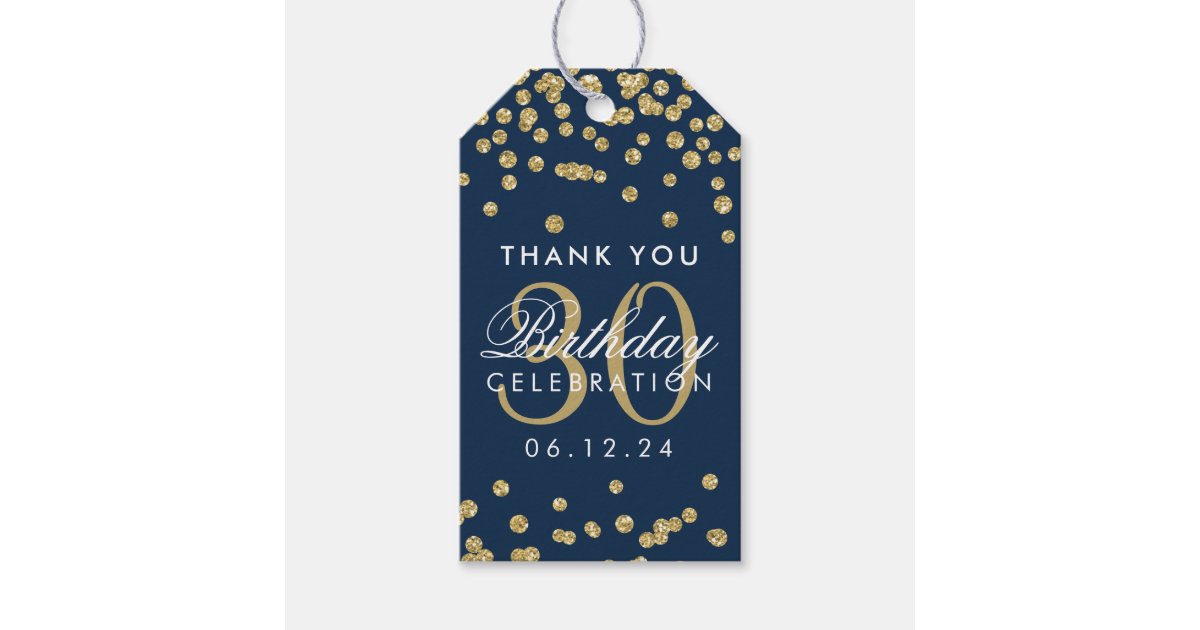 Gold 30th Birthday Thank You Confetti Navy Blue Gift Tags | Zazzle.ca