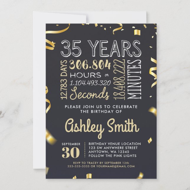 Gold 35th Birthday Party Invitation - 35 ans (Devant)