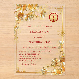 Gold 3 D Flowers Chinese Wedding Acrylic Invitations