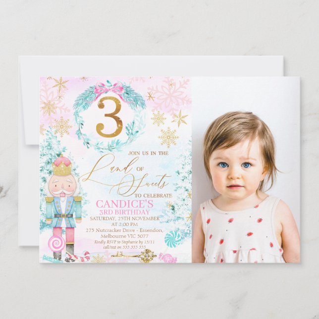 Gold 3 Land of Sweets Nutcracker Photo Birthday Invitation (Front)