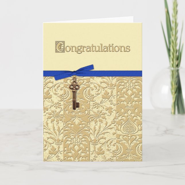 Gold 3D Damask with Key Charm and Bow Congrats Card (Front)