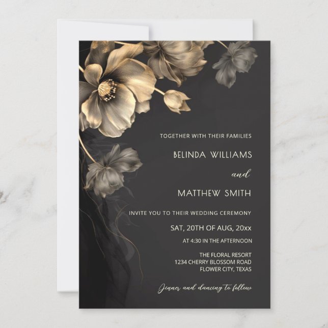 Gold 3D Flowers Black Wedding Invitation (Front)