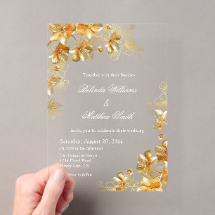 Gold 3D Flowers  Transparent Acrylic Invitations