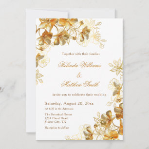 Gold 3D Flowers White Invitation