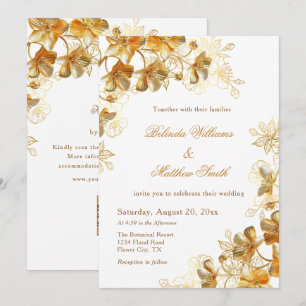 Gold 3D Flowers White Invitation