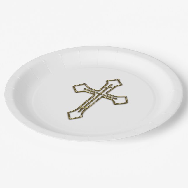 Gold 3D Looking Cross Outline Paper Plate (Angled)