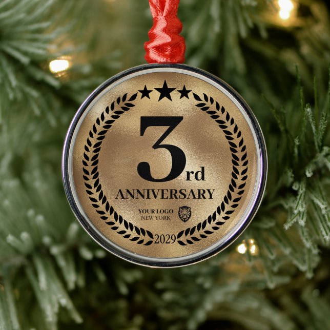 Gold 3rd Anniversary Business Logo Christmas Metal Ornament (Tree)