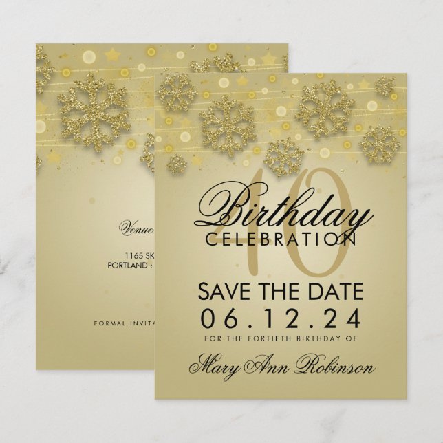 Gold 40th Birthday Save Date Winter Invitation (Front/Back)