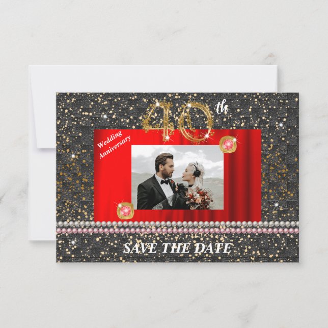 Gold 40th Wedding Anniversary Black Woven & Pearls Invitation (Front)