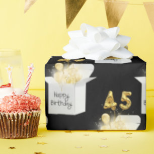 Gold 45th Birthday Balloons in White Box Wrapping Paper
