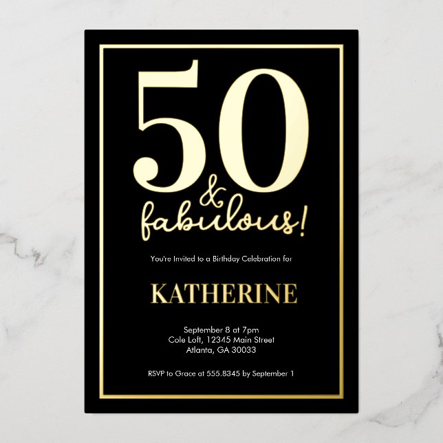 Gold 50 and Fabulous 50th Birthday Foil Invitation (Front)