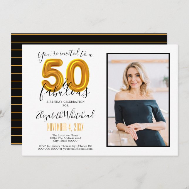 Gold 50 & Fabulous 50th Birthday Photo Invitation (Front/Back)
