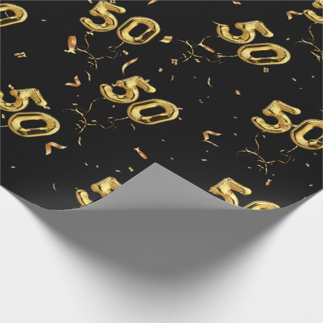 Gold 50 Mylar Balloons and Confetti  Wrapping Paper (Corner)