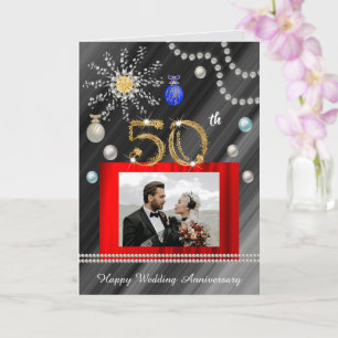 Gold 50th Anniversary on Christmas 2 photos Card