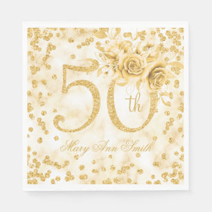 Gold 50th Birthday Floral Modern Marble Napkin
