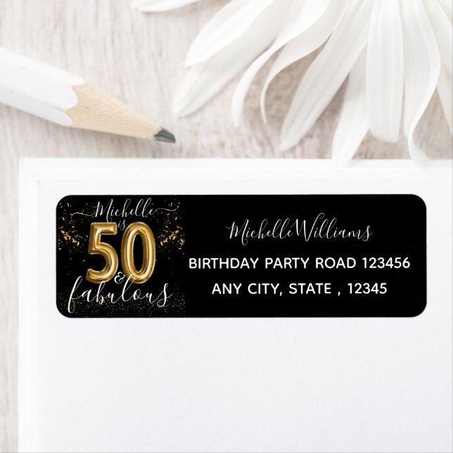 Gold 50th Birthday Glitter Black Return Address (Insitu)