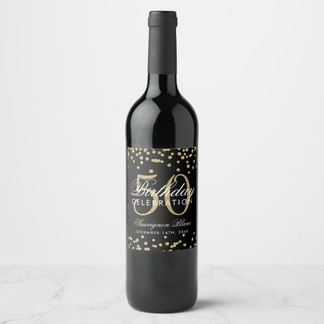 Gold 50th Birthday Glitter Confetti Black Wine Label (Front)
