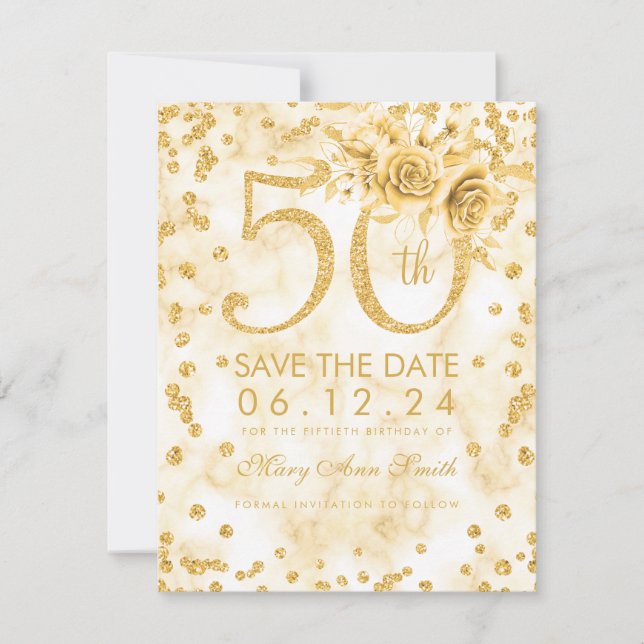 Gold 50th Birthday Modern Marble Save The Date (Front)