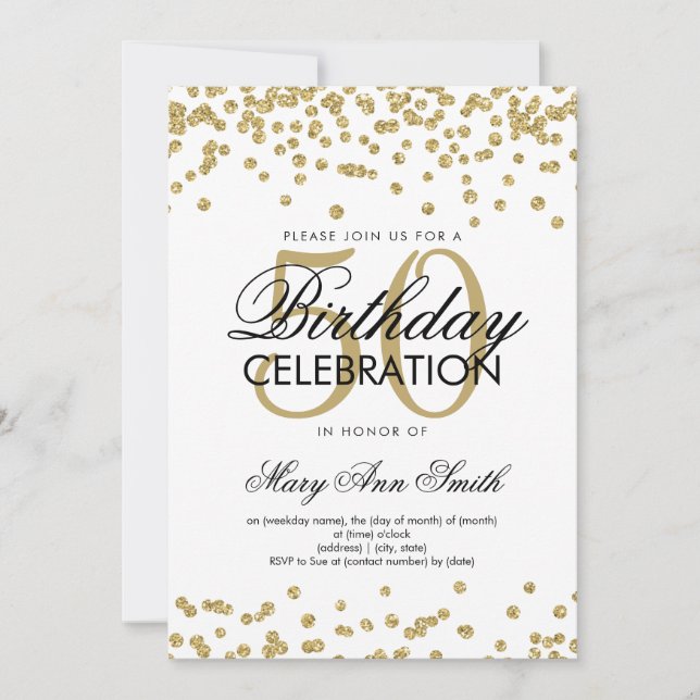 Gold 50th Birthday Party Elegant Glitter Confetti Invitation (Front)