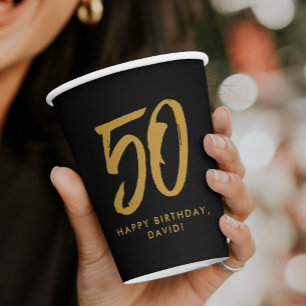 Gold 50th birthday party personalized paper cups