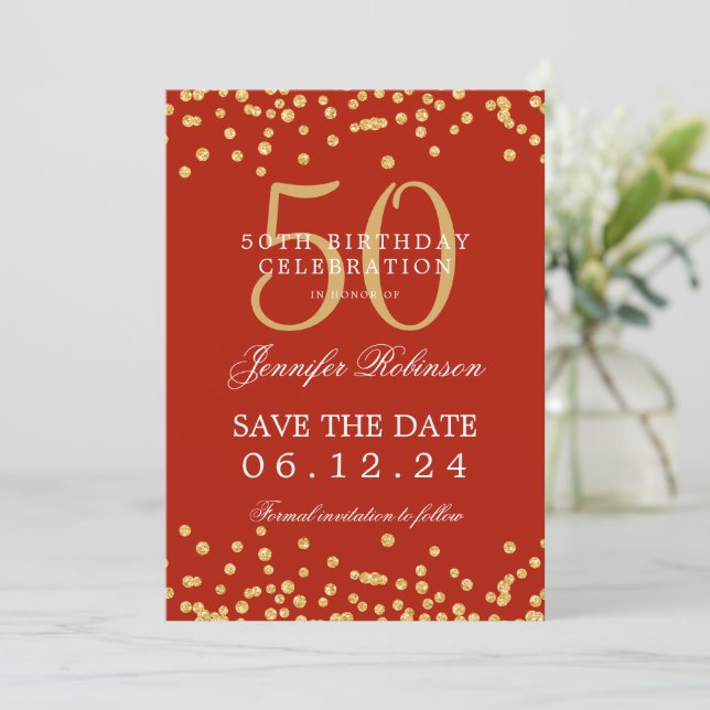 Gold 50th Birthday Save the Date Confetti Red  Invitation (Standing Front)