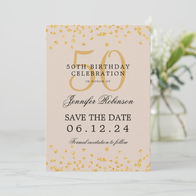 Gold 50th Birthday Save the Date Details Champagne Invitation (Standing Front)