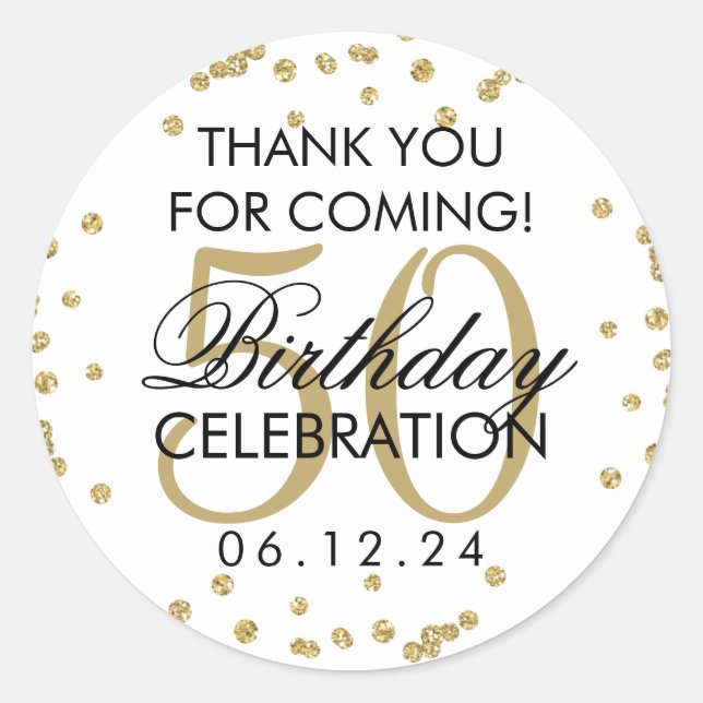 Gold 50th Birthday Thank You Glitter Confetti Classic Round Sticker (Front)