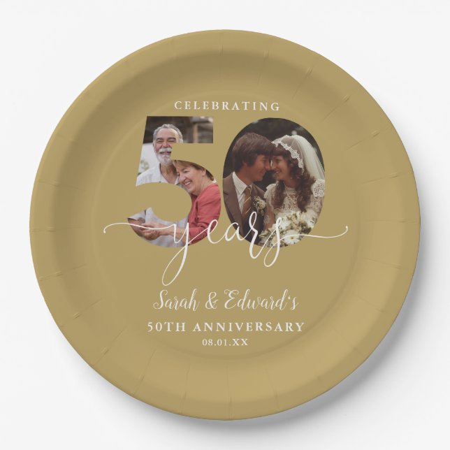 Gold 50th Wedding Anniversary 2 Photo Paper Plate (Front)