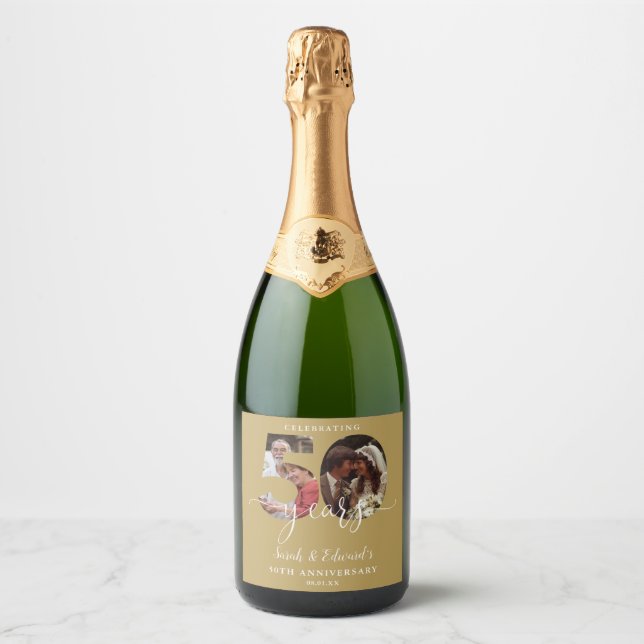 Gold 50th Wedding Anniversary 2 Photo Sparkling Wine Label (Front)