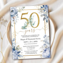 Gold 50th Wedding Anniversary Dusty Blue Floral