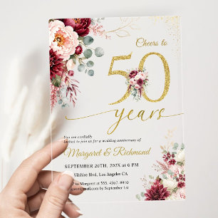 Gold 50th Wedding Anniversary Elegant Burgundy Acrylic Invitations