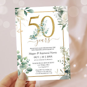 Gold 50th Wedding Anniversary Eucalyptus Floral  Invitation