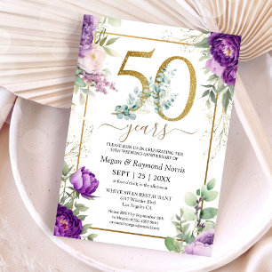 Gold 50th Wedding Anniversary Floral Purple Peony Invitation