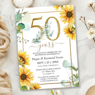 Gold 50th Wedding Anniversary Floral Sunflowers  Invitation