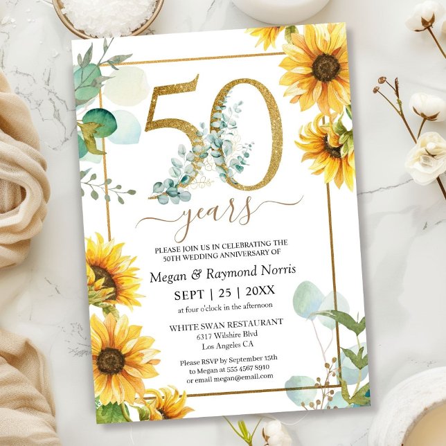 Gold 50th Wedding Anniversary Floral Sunflowers  Invitation (Creator Uploaded)