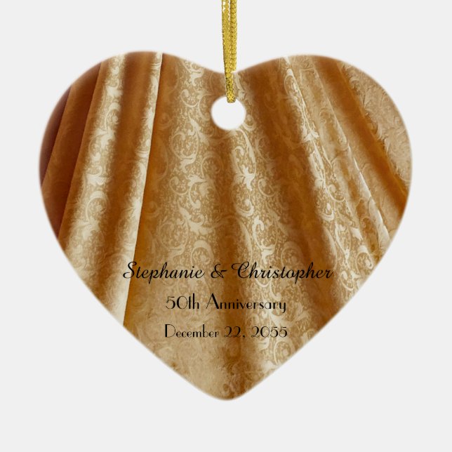 Gold 50th Wedding Anniversary Heart Shaped Ceramic Ornament (Front)