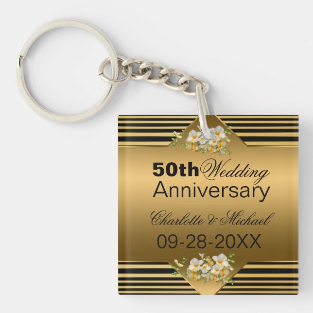 Gold 50th Wedding Anniversary Keychain (Front)
