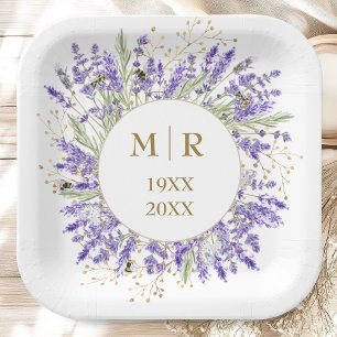 Gold 50th Wedding Anniversary Lavander Floral Paper Plate