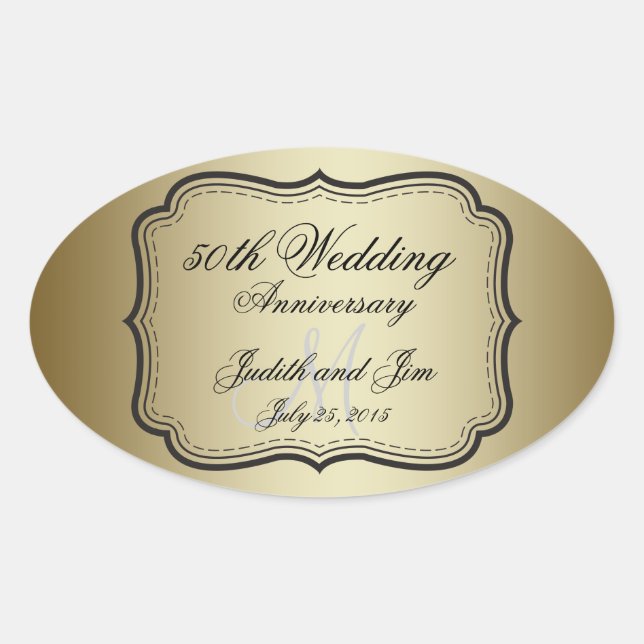 Gold 50th Wedding Anniversary Oval Sticker (Front)