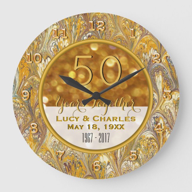 Gold 50th Wedding Anniversary Personalized Large Clock (Front)