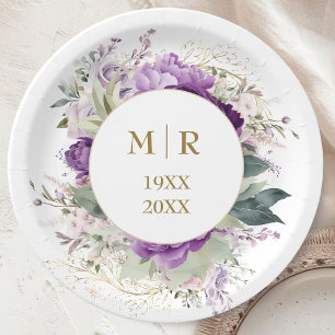 Gold 50th Wedding Anniversary Purple Peony Floral Paper Plate
