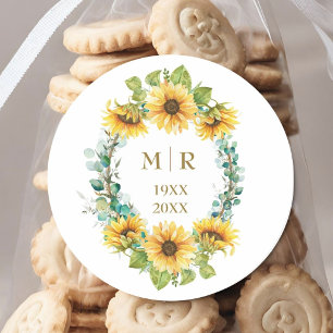 Gold 50th Wedding Anniversary Sunflower Floral Classic Round Sticker
