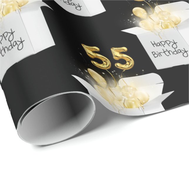Gold 55th Birthday Balloons in White Box   Wrapping Paper (Roll Corner)