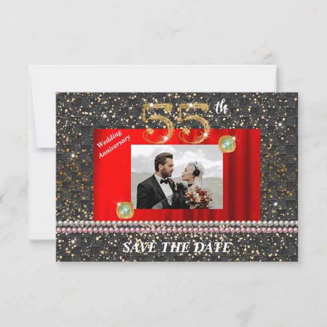 Gold 55th Wedding Anniversary Black Woven Pearls Invitation (Front)