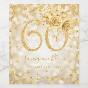 Gold 60th Birthday Floral Glam Lights  Wine Label