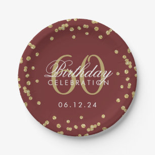 Gold 60th Birthday Glitter Confetti Burgundy Paper Plate