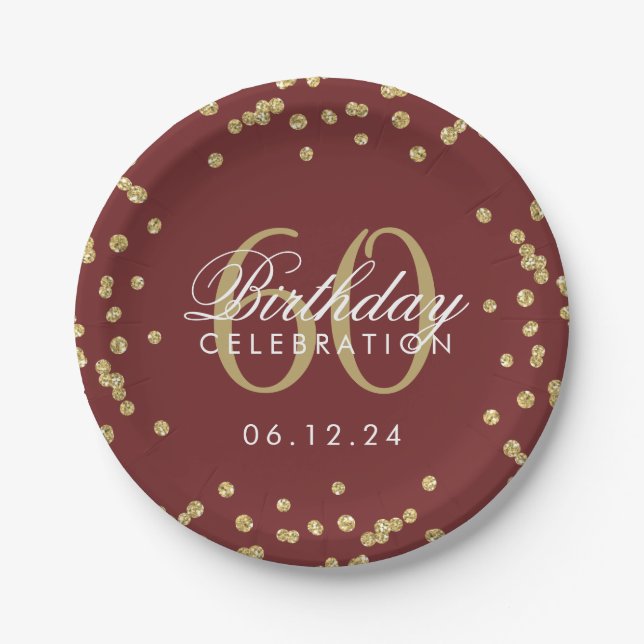 Gold 60th Birthday Glitter Confetti Burgundy Paper Plate (Front)