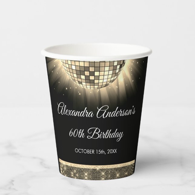 Gold 60th Birthday Party 70's Disco Ball Paper Cups (Front)