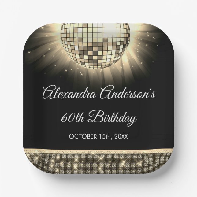Gold 60th Birthday Party 70's Disco Ball Paper Plate (Front)